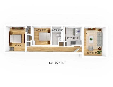 Floor plan for 2 beds, 1 bath, 691 sqft